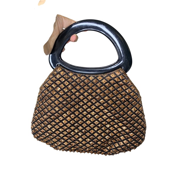 Vintage Black Beaded Sequin Evening Bag Top Handle Party Purse - Picture 3 of 10